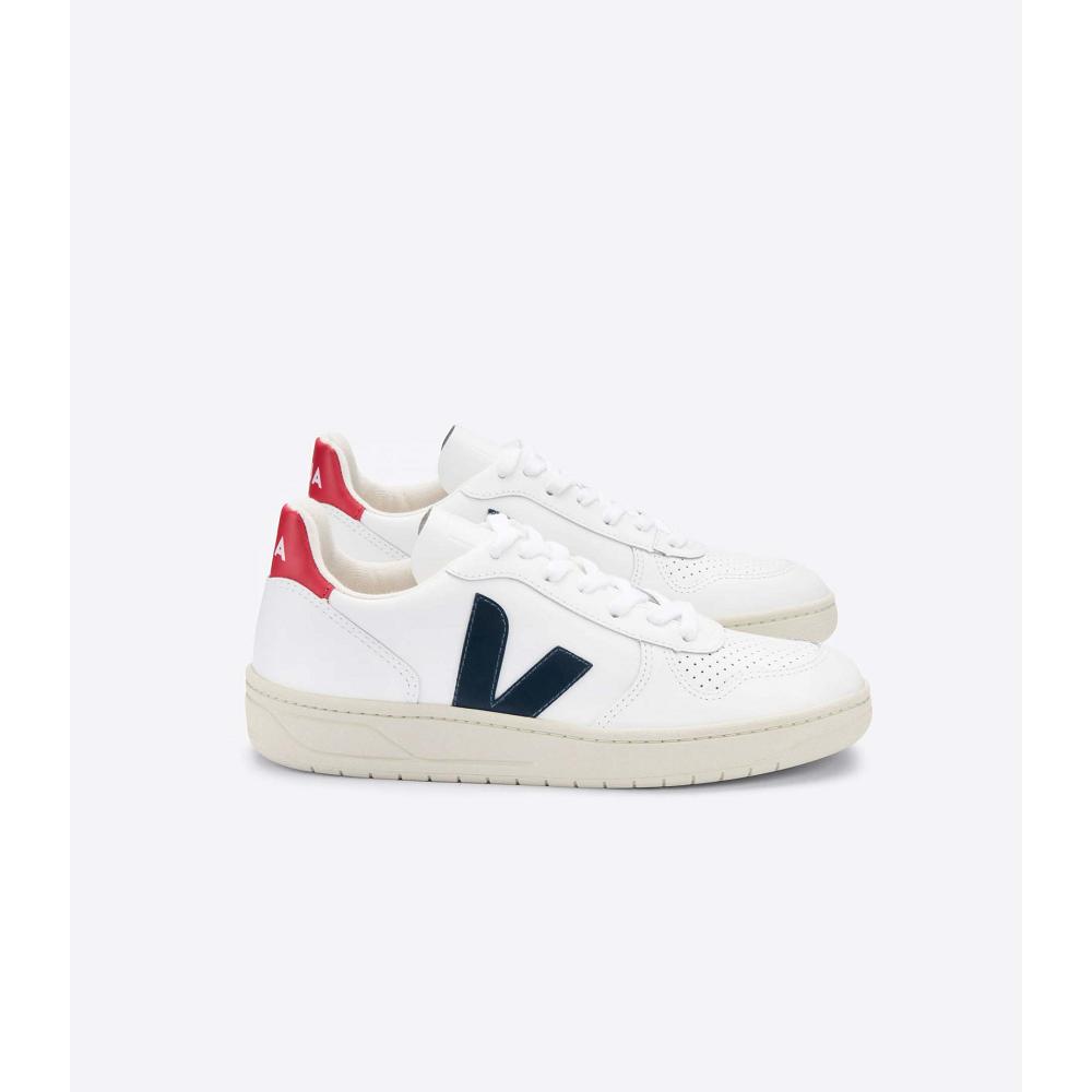 Veja V-10 LEATHER Women\'s Sneakers White/Black/Red | NZ 664NWY